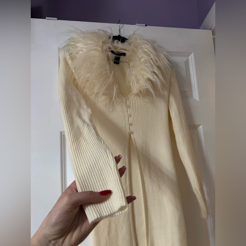 Forever 21 Cream Cardigan with Faux Fur Collar